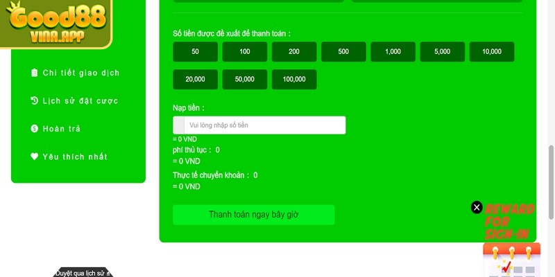 Chọn phương thức thanh toán và nhập thông tin nạp tiền Good88